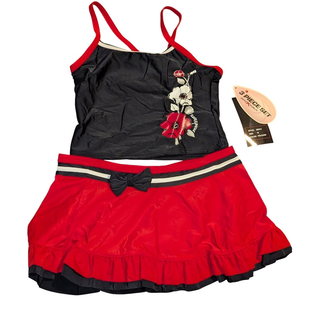 ZeroXposur Girls 3 Piece Swimsuit Set Tankini Skirt Bottoms Red Black 12/14 NWT